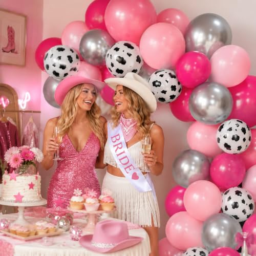 Image of Hot Pink Silver Cow Balloons Disco Cowgirl Birthday Last Rodeo Party Decor | Bachelorette Bride to be Baby Bridal Shower Western Cowboy 12INCH Pink Silver Helium Latex Balloons for Arch