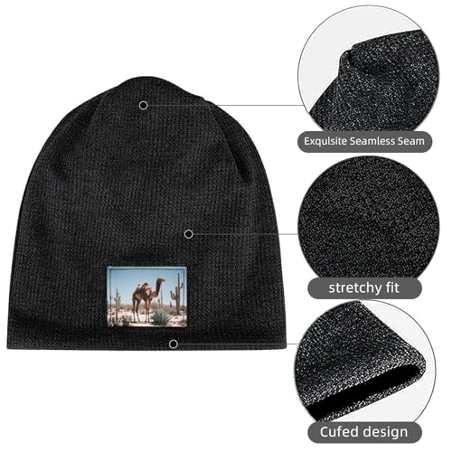 Winter Fashion Desert Cute Camel Print Knit Hats - Soft Breathable Black Beanie Unisex Versatile Accessories, Schwarz , Einheitsgröße