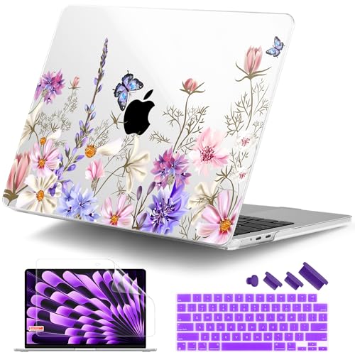 DONGKE Compatible with M5 MacBook Air 15 inch Case 2026 2025-2023 A3448 A3241 A3114 A2941 M4 M3 M2 Liquid Retina Display Touch ID, Protective Hard Shell Cover & Keyboard Skin - Butterfly Floral