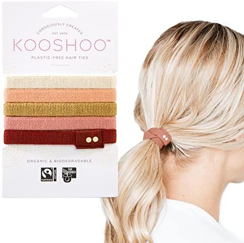 KOOSHOO Plastic-Free Hair Ties - Organic Cotton Hair Elastics - Machine Washable, Durable, No-Damage Hair Bands Made from Plants - Zero-Waste, Fair Trade, & Ethically Made Styling Accessories - 5ct