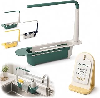 Adjustable Telescopic Sink Organizer 32-45cm Length Holds up to 2kg | Expandable over Sink Organizer with Towel Bar, Tool-Free Assembly, Towel Bar Dry Rack, Wobble-Free Stable(Green)