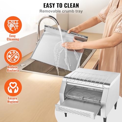 Image of VEVOR 1770W Commercial Conveyor Toaster, 450 Slices per Hour, Heavy Duty Electric Toaster Oven, Food-Grade 304 Stainless Steel Conveyor Belt, Dual Knob Control, for Restaurant Bakery Bread Bagel Bun