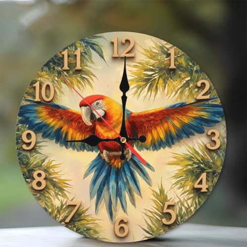 Lancholy Tropical Parrot Wall Clock Colorful Bird Home Decor 10-Inch Wooden Wall Clock, Silent Movement, Battery Operated (AA Batteries Not Included), Artistic Home Decor, Perfect for Home Accents