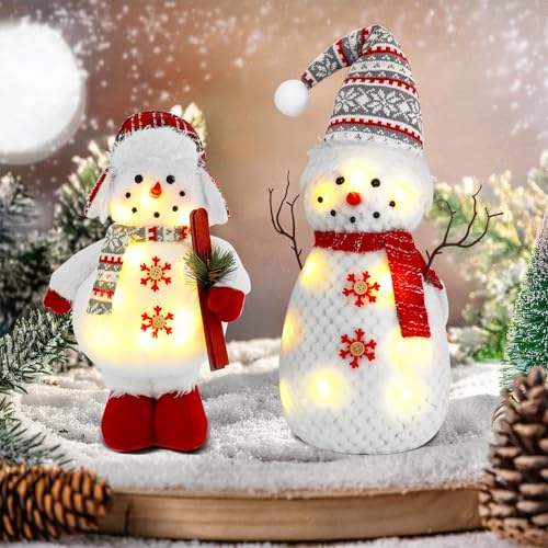Set of 2 Christmas Plush Snowman Tabletop Decorations Stuffed Snowman Christmas Figurines Indoor Decor for Home Cute 26inch Xmas Doll Handmade Holiday Party Light up LED Snowman Gifts