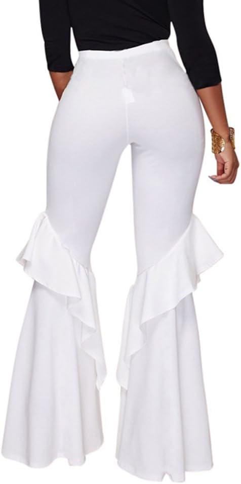 GUOLEZEEV Womens High Waisted Ruffle Flare Fit Pants Solid Color Wide Leg Trousers - Image 2