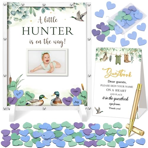 Image of Beeveer 65 Pcs Mallard Duck Baby Shower Guest Book Alternatives He or She Gender Reveal Baby Shower Decorations Animal Sign in Guest Book with Picture Frame and 60 Wooden Chip