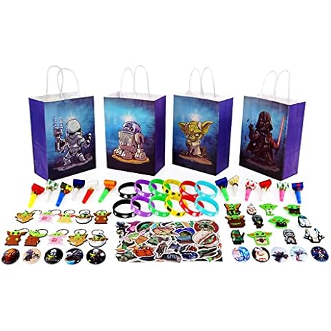 YIIHMEI War Party Bag Fillers for Kids Set 122 Pcs planet wars party supplies with Goodie Bags Rubber Bracelet Blowing Dragon Badge Keychain etc War Party Favours Perfect for Birthday Return Gifts Cover