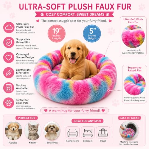 Image of RvPaws Faux Fur Pet Beds for Indoor, Dog Bed for Small & Puppy, Soft Fluffy Donut Cuddler Washable Round Pet Bed for Puppy and Kitten (Length 19 Inch - Small)