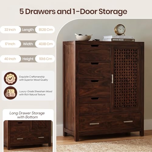 Image of Amazon Brand - Solimo Solid Sheesham Wood Truva Sideboard Cabinet with 5 Drawers & 1-Door Storage | Storage Cabinet for Living Room, Kitchen & Bedroom Organizer Chest of Drawers (Walnut Finish)