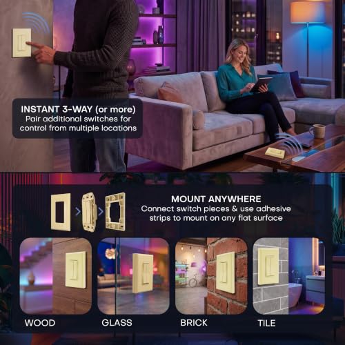 Image of RunLessWire Click for Hue Battery-Free Wireless Smart Switch 3 Pack Ivory | Dimmable Kinetic Switch Pairs Natively to Philips Hue Bridge, 4 Programmable Buttons to Control Scenes & Areas, 100ft Range