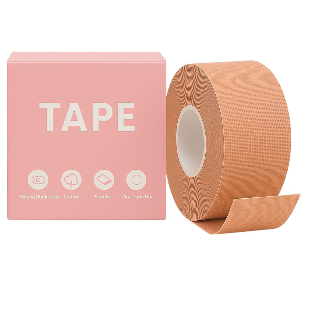 Boob Tape for Women with 10 Free Nipple Covers | 95% Cotton 5% Spandex, Acrylic Glue | Breast Lift, Skin-Friendly, Invisible Support | Box Packed | Beige | 5m