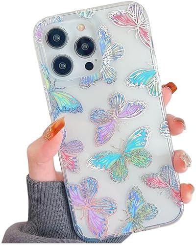 Glitter Clear Phone Case for iPhone 16 Pro Max Case for Women Girls, Cute Red Purple Pink Blue Colorful Butterflies Pattern, Slim Fit Hard Protective Cases for iPhone 16ProMax 6.9''(Butterfly)