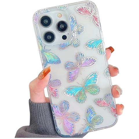 ooooops Glitter Clear Phone Case for iPhone 15 Pro Max Case for Women Girls, Cute Red Purple Pink Blue Colorful Butterflies Pattern, Slim Fit Hard Protective Case for 15ProMax 6.7''(Butterfly) Cover