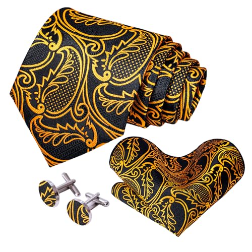 Image of 5PCS Tie and Pocket Square for Men, Silk Necktie and Handkerchief Cufflinks with Gold Ring and Lapel Pin Set