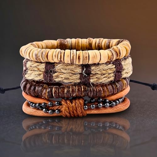 Image of THE MEN THING RUSTBORNE - 4 Pcs Brown Genuine Leather Adjustable Bracelet Set for Men & Boys (8 inch)