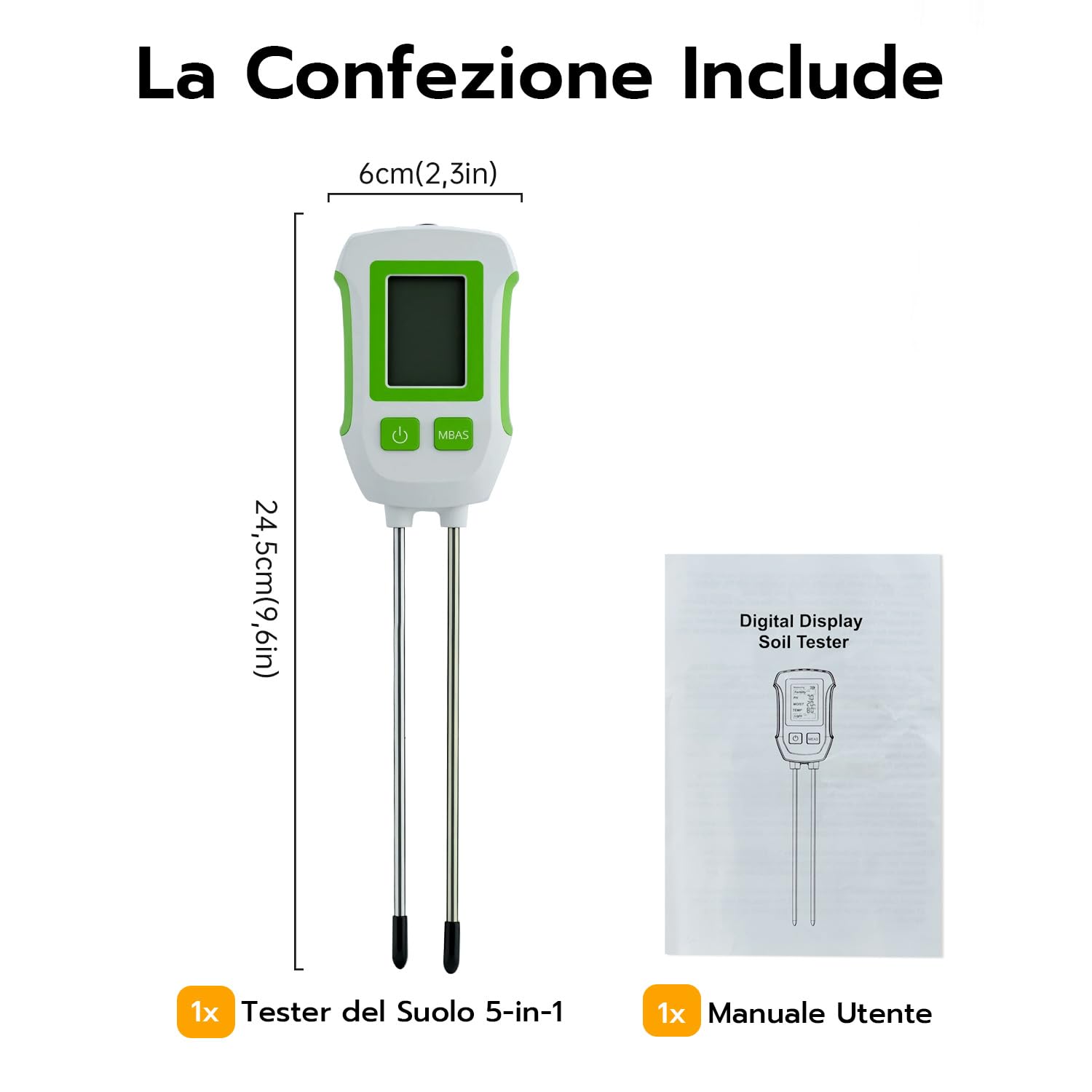 Misuratore di umidità del Terreno 5 in 1 - Tester Digitale per PH, Fertilità, Temperatura e Luce - Display LCD Retroilluminato per Piante, Giardino e Fattoria