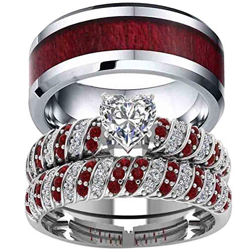 Ringheart 2 Rings Couple Rings White Gold Filled Heart cut Cz Red Rhinestone Womens Wedding Ring Sets Stainless Steel Man Ring Band