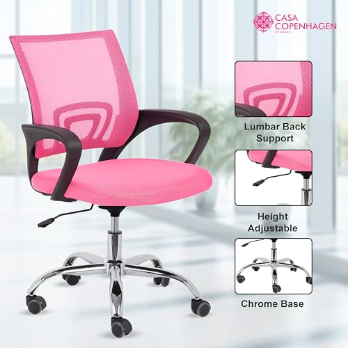 Image of Casa Copenhagen, Ergonomic Desk Chair Mesh Computer Chair with Lumbar Support Armrest Executive Rolling Swivel Adjustable Mid Back Chair -Rose Pink & Granite Black Handle