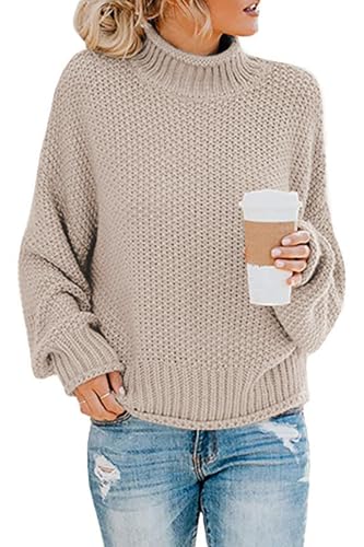 Imuedaen Pullover Damen Elegant Winter Rollkragenpullover Strickpullover Grobstrickpullover Casual Lose Langarm Pulli Oberteile (A Khaki, M)