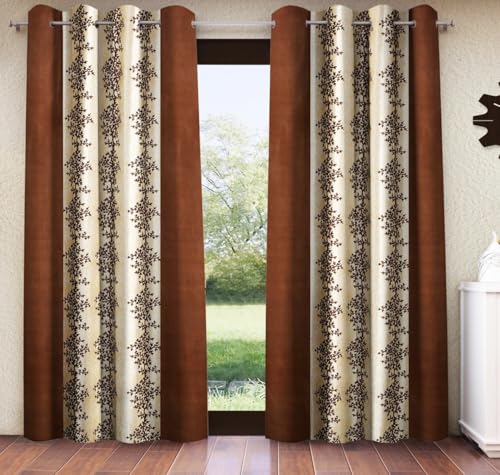Image of Home Sizzler 2 Pieces Bloom Line Grommet Eyelet Polyester Window Curtains - 5 Feet, Coffee Brown