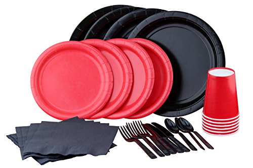 Party Lovers Premium Party Supplies Disposable Dinnerware Set - 20pc Includes Black and Red Dinner Plates, Cutlery, Tablecloth Napkins and Cups - Birthday Paper Tableware Collections