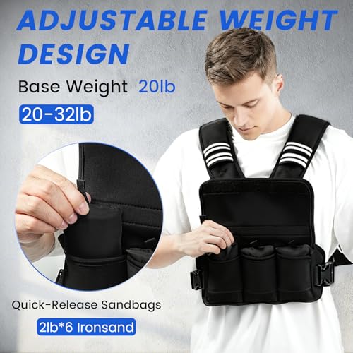 Image of Adjustable Weighted Vest Women /Men, 6-12lb /12-18lb /20-32lb Weight Vest with 6 Ironsand Weights for Strength Training Rucking Running Walking Fitness Workout