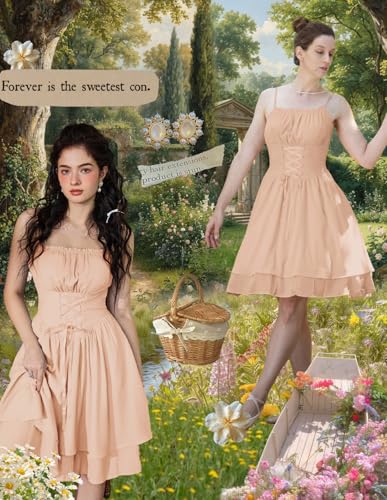 Image of Scarlet Darkness Corset Mini Sundress Chiffon Homecoming Dress for Women | Slim Straps, Ruched Neckline, Lace-Up Front, Layered A-Line, for Graduation Cocktail Party, Fairy Costume with Pockets