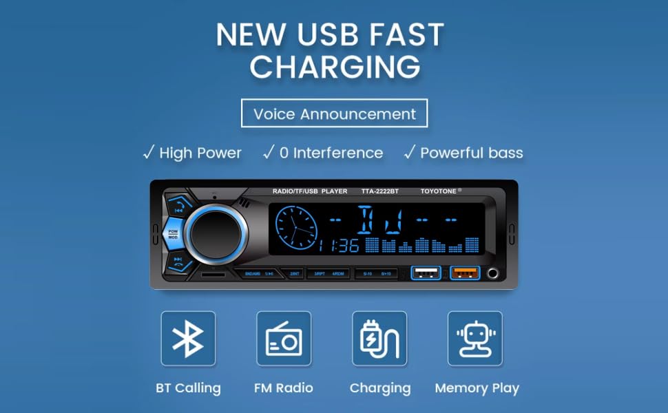 Image of TOYOTONE Universal Fit Single Din Car Stereo MP3 Music System with Remote, Bluetooth, One Touch to Receive Call (FM /AUX /USB /TF), Dual USB Ports (Music & Charging) SD Card Slot (TTA-2222BT)