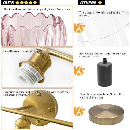 LETRY Bathroom Light Fixtures, 3-Light Brushed Gold Vanity Lights for Bathroom with Pink Tulip Glass Shade, 20" Vintage Bathroom Vanity Lighting Fixtures Over Mirror for Bedroom Living Room Hallway - image 9