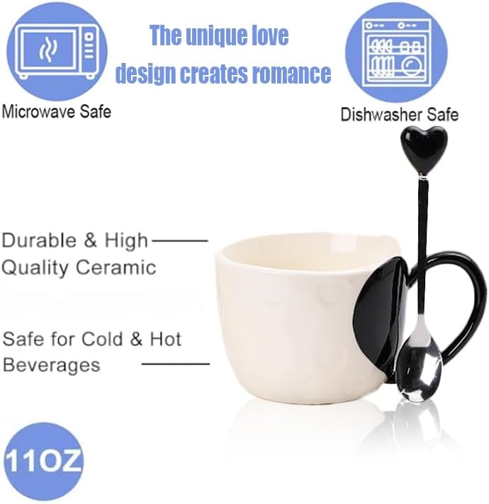 Ceramic Heart Couple Mugs Set with Heart-Top Spoons - Unique 12oz Coffee Mug Set for Wedding, Anniversary, and Valentine’s Day - Romantic Gift for Lovers - Black & Red Love Design. - Image 8