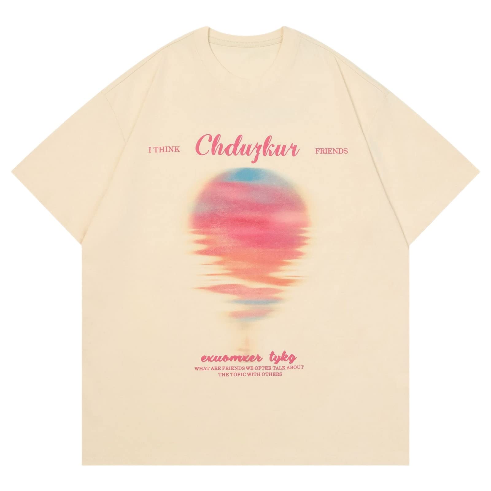 LOPRES Oversized Tshirt Men'S T-Shirt Retro Sunset Print T-Shirt Women'S Summer Heavy Short-Sleeved Cotton T-Shirt-Apricot,S