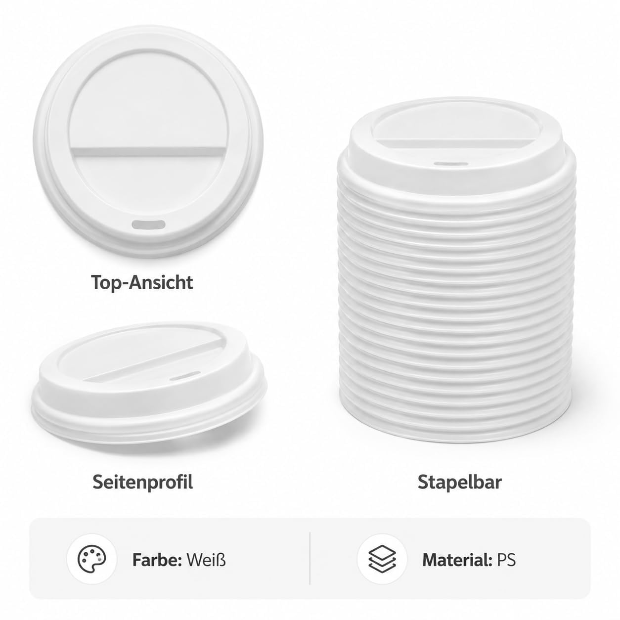 Coffee-to-Go Deckel Weiß – Ø 80mm - Trinkdeckel für Heißgetränke, Kaffee, Tee & Kakao – Stapelbare Becherdeckel für Gastronomie, Café, Büro & To-Go - Passend für unsere Kaffeebecher (200)