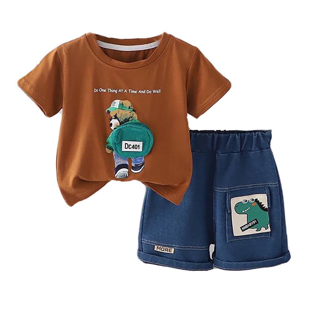 bold n elegant Kids Half Sleeve Cotton 3D Bear T-shirt and Denim Shorts Summer Outfit Set for Infant Toddler Preschool Kids-picture-36