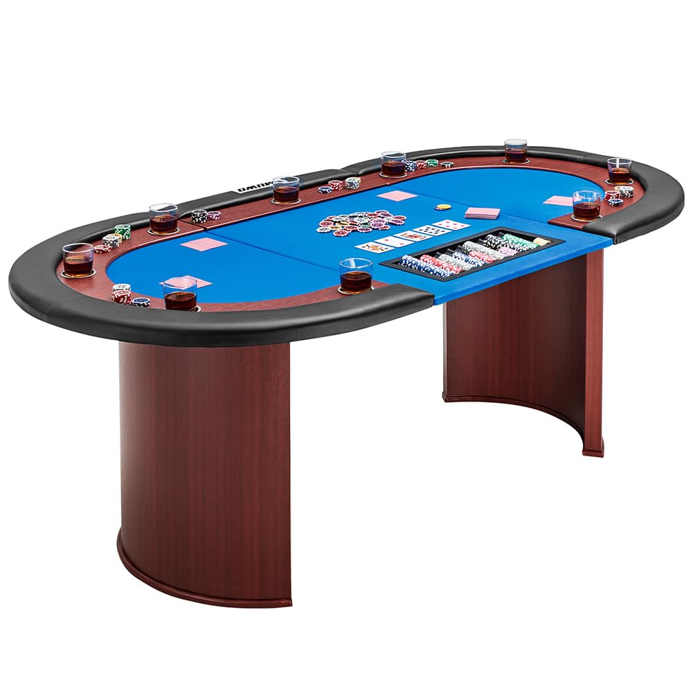 MUWO Pokertisch für 10 Spieler mit Dealerbereich, 500 Chips, Getränkehaltern aus Edelstahl, gepolsterter Armlehne und Filzoberfläche Blau