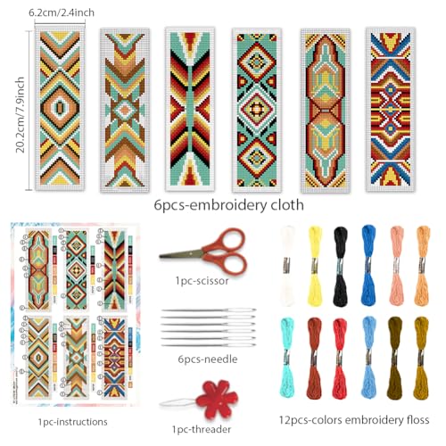 Image of BEUNITONE Cross Stitch Bookmarks Kit 6 Pcs Geometric Pattern DIY Bookmarks Cross Stitch Kits for Beginners Boho Floral Fabric Bookmark Kit Traditional Decorative Counted Knitting Kit 8''x2.4''