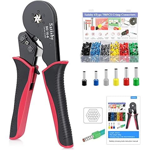 Bootlace Ferrule Crimping Tool,16mm Crimping Tools AWG28-5/0.08-16mm², Ratchet Structure Hexagonal Crimp Jaws with 750PCS Crimp Connectors, Bootlace Ferrules Cover