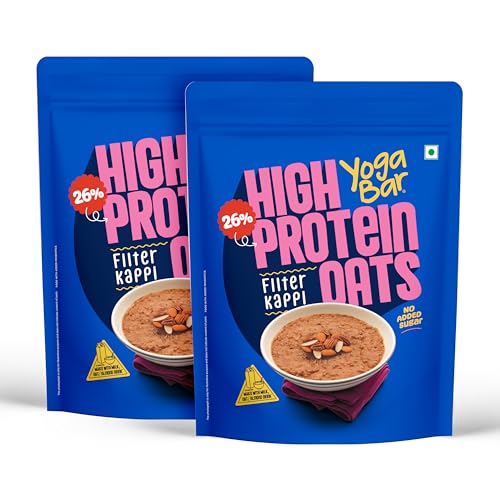 Image of Yogabar 26g High Protein Oats 1kg x 2, Filter Kappi - Breakfast Cereal with Wholegrains, 26% Protein & No added sugar - Oats High Protein for Gym - Premium Protein Blend with Whey Protein Powder - with Goodness of Chia, Sunflower & Pumpkin Seeds & Probiotics for Absorption