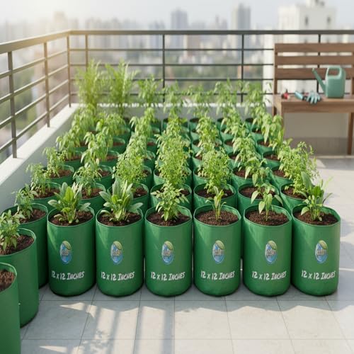 Image of MASHKI 12x12 Grow Bags Pack of 5 - HDPE Reusable Garden Grow Bags for Home, Terrace & Balcony Gardening - Vegetable & Herb Plants