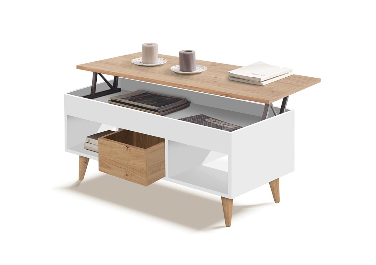 HOGAR24 ES - Mesa Centro Elevable con Cajón Deslizante y Huecos de almacenaje, Color Blanco y Madera. Medidas: 100cm x 50cm x 47cm.