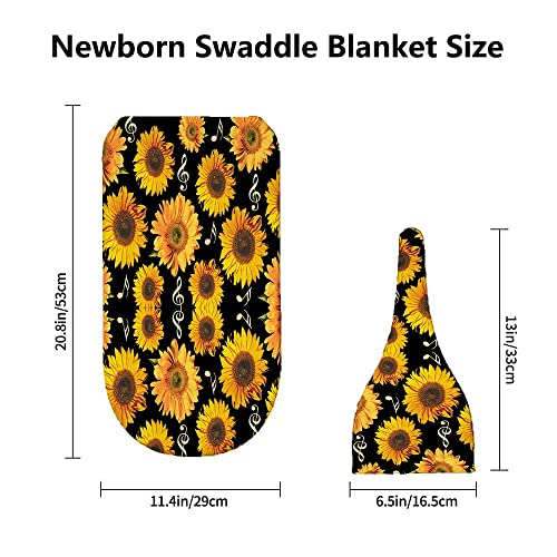 Image of Sunflower Music Note Newborn Swaddle Blankets Beanie Hat Sets,Newborn Receiving Blanket for Boy Girl,Swaddle Sack Shower Infant Gift, One Size