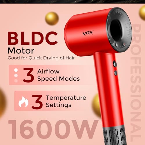 Image of VGR V-445 Professional Hair Dryer, High-Speed 110000 RPM BLDC Motor with 3 Speed & 4 Temperature Settings, Independent Cool Shot, Overheat Protection, 1600W (Red)