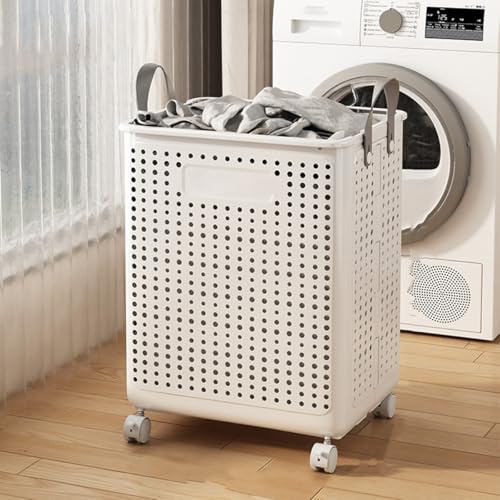 Panier à linge à roulettes pliable en plastique blanc pour gain de place