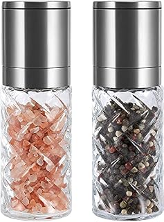 Crystal Glass Salt and Pepper Grinder Set of 2 - Large Mill Refillable Premium Jar, Brushed Stainless Steel Adjustable Coarseness Ceramic Clear Spices Shaker Kitchen Gifts Two Pieces