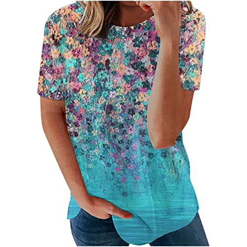 Womens Tops Dressy Casual Print Crewneck T Shirts 2023 Summer Cute Short Sleeve Pullover Shirts Side Split Blouses Loose Fit