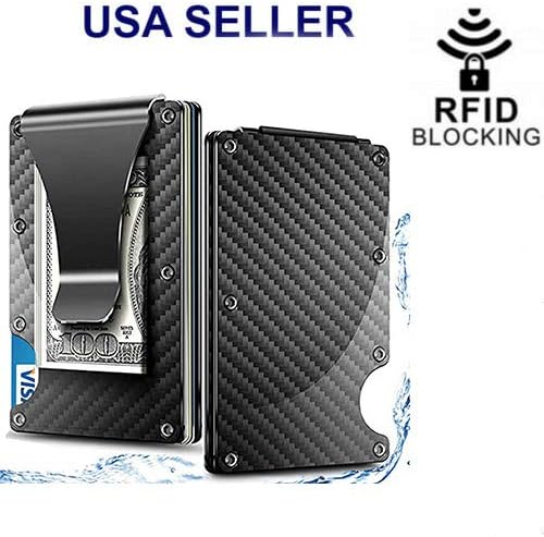 Miniatura 2 de Fibra de carbono RFID bloqueo delgado dinero clip titular de la tarjeta de metal cartera de los hombres, Fibra de carbono negra con clip para