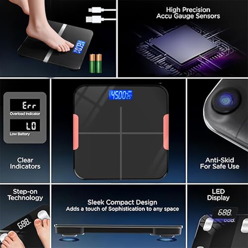 Image of Prime Pick Pro Digital Weight Machine Bathroom Weighing Scale with Large LCD Display USB Rechargeable Extra Thick Tempered Glass Anti Slip Base Black