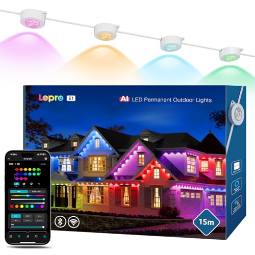 Lepro E1 AI Luci Esterne Permanenti Smart,15 Metri (30 LED) Decorazioni Natalizie,RGBIC & Luce Bianca,Luci Natale Esterno Compatibile con Alexa,Progettista Illuminazione AI Personalizzato