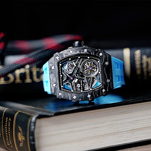 Image of TSAR BOMBA Men's Automatic Watch Tonneau Luxury Skeleton Watches for Men Mechanical 50M Waterproof Analogue Watches Mens Unique Cool Square Big Face Dial Wristwatch with Silicone Strap Band