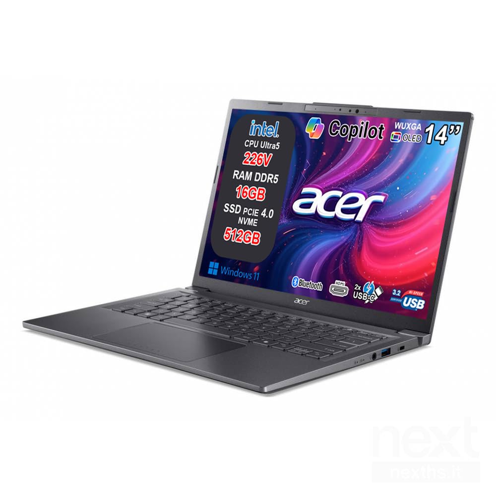 Acer Aspire 14 AI Notebook Intel Core Ultra 5 226V, 16GB RAM DDR5, 512GB SSD, 14” OLED WUXGA, Intel Arc, Copilot+ PC, WiFi 6E, BT 5.3, Thunderbolt 4, Tastiera Retroilluminata, Windows 11