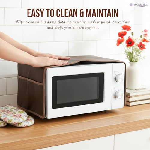 Image of PrettyKrafts Microwave Oven Top Cover with 4 Utility Pockets | Non-Woven Fabric Dustproof & Decorative Microwave Cover | Kitchen Appliance Protector (Brown, Free Size)